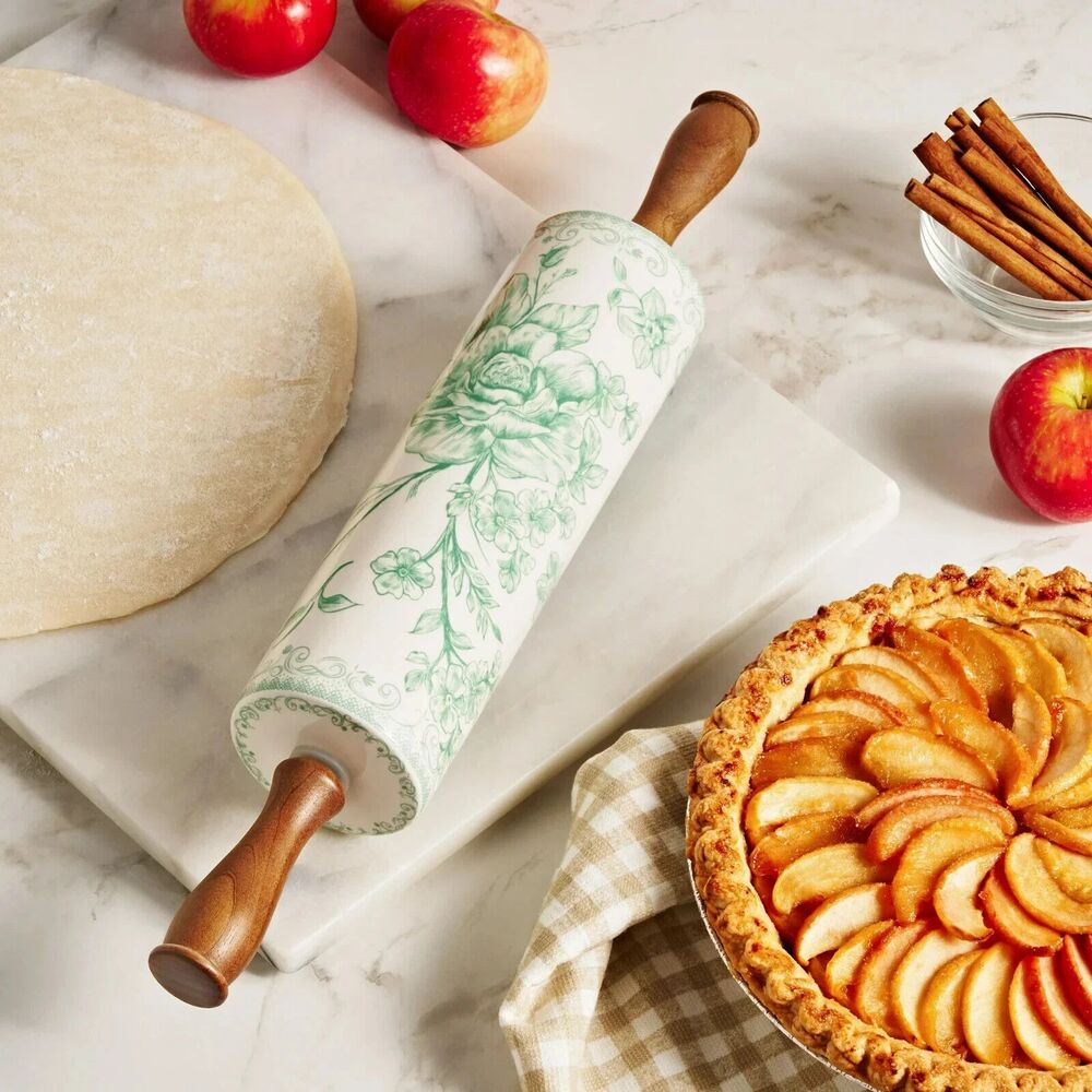 Pioneer Woman Agatha Ceramic Rolling Pin with Olivewood Handles Green White GIFT